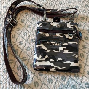 Coated canvas crossbody bag, camo print EUC